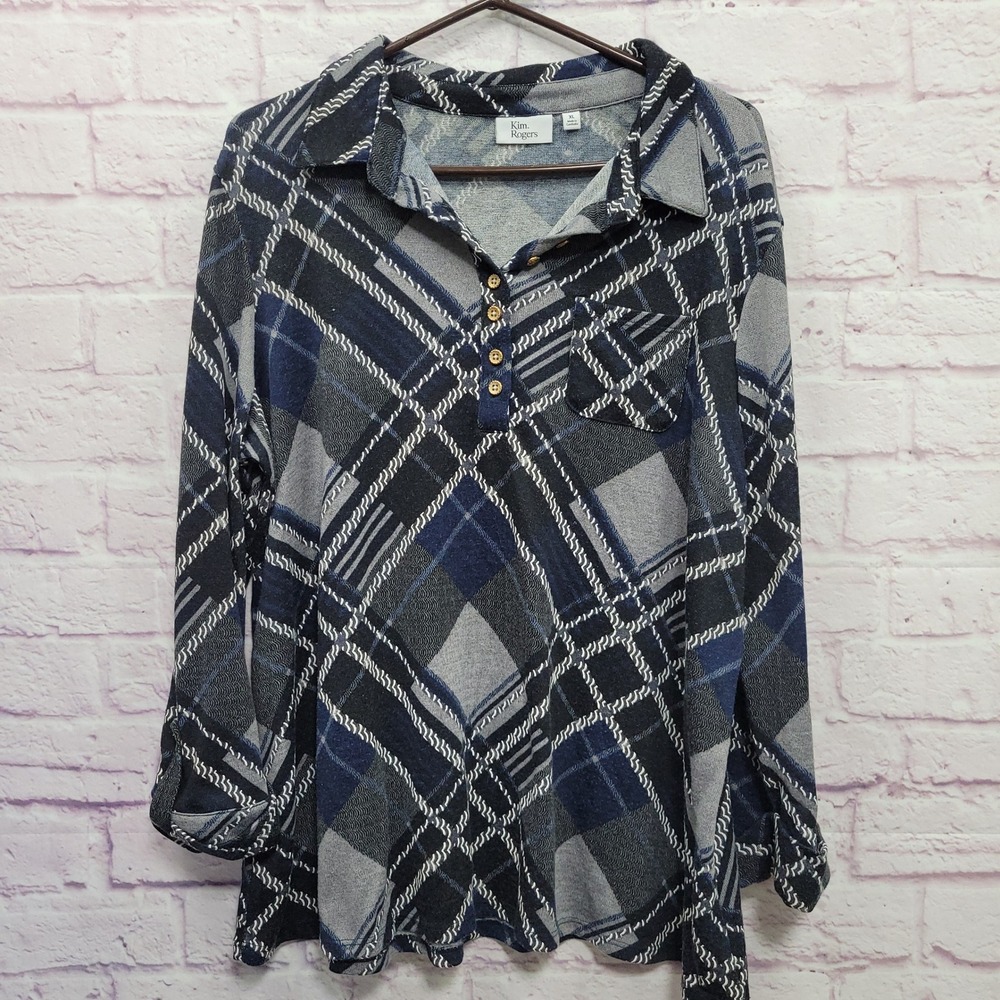 Kim Rogers Plaid Henley Shirt Women XL Stretch Retro Casual Preppy Dark Academia
